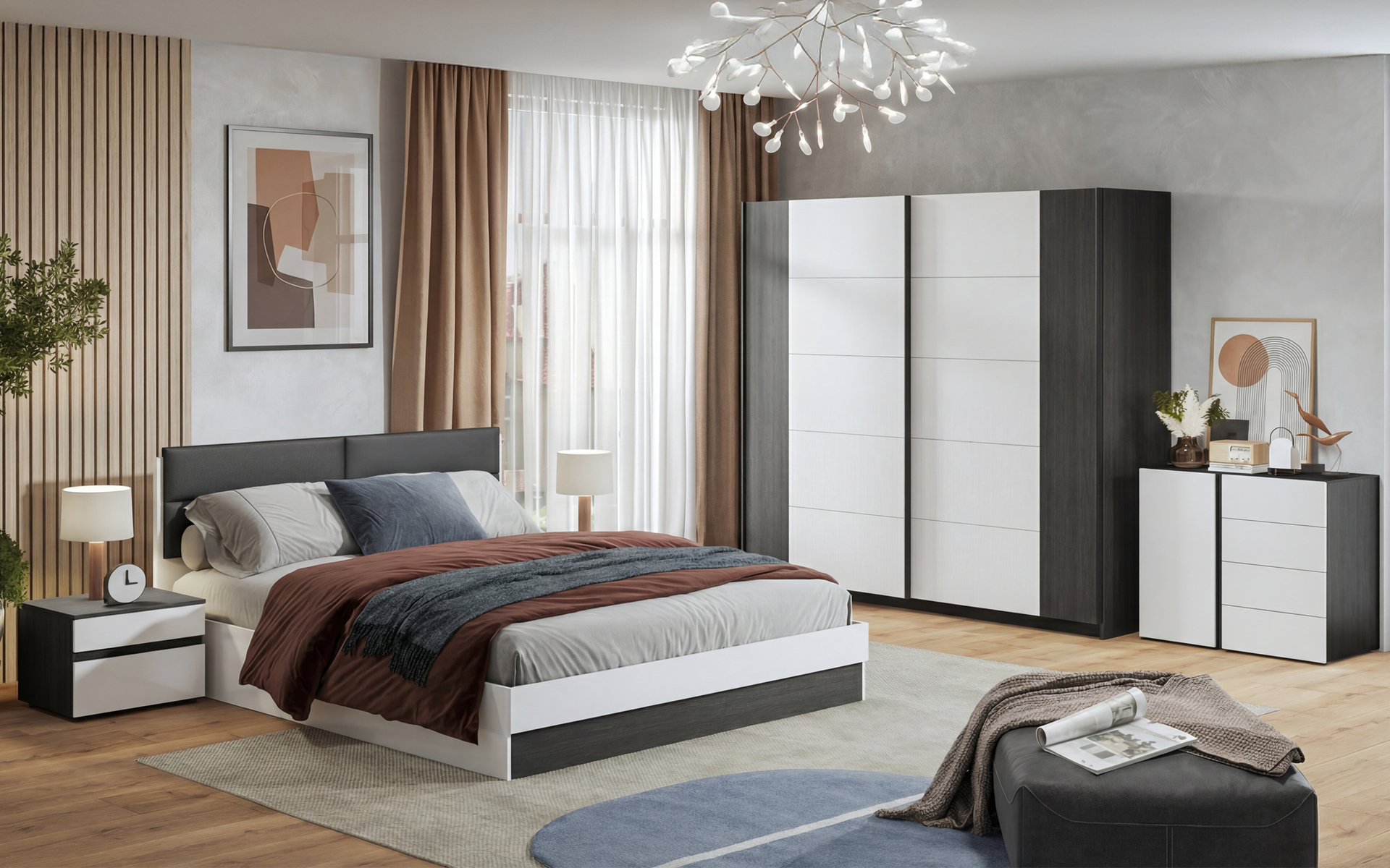 Pat dublu tapitat 160/200 Infinity + saltea, alb + stejar antracit  2